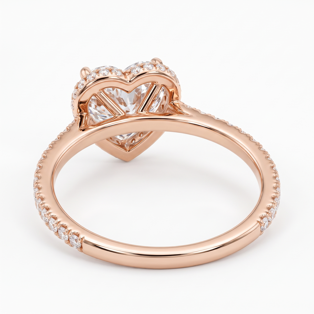Model 19 Heart Halo Rose Gold engagement ring rear three-quarter catalog view on white background