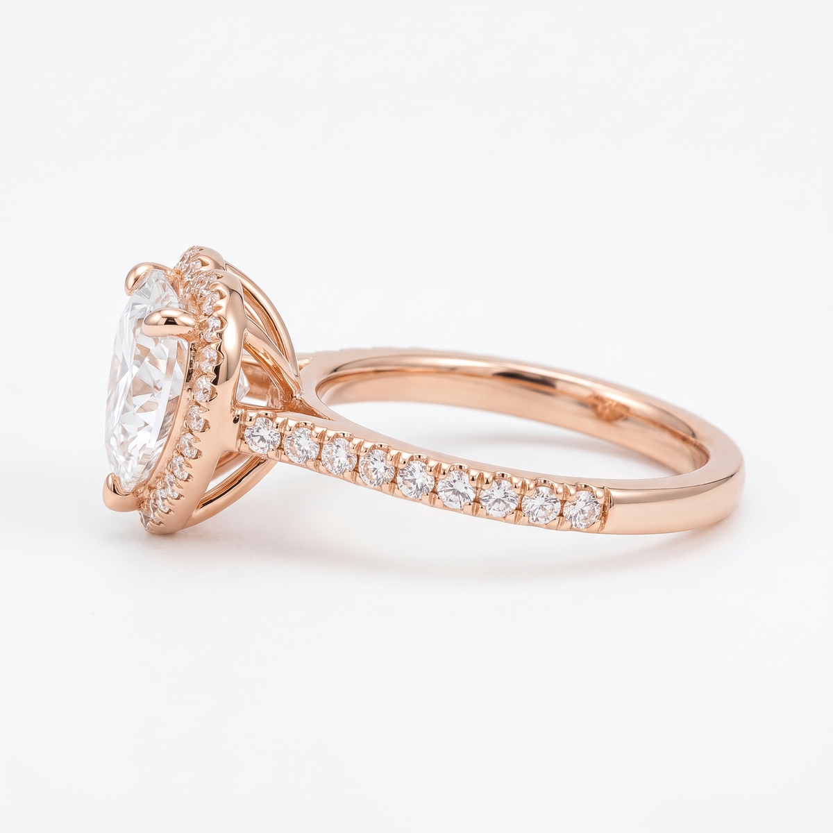 Model 19 Heart Halo Rose Gold engagement ring side profile catalog view on white background