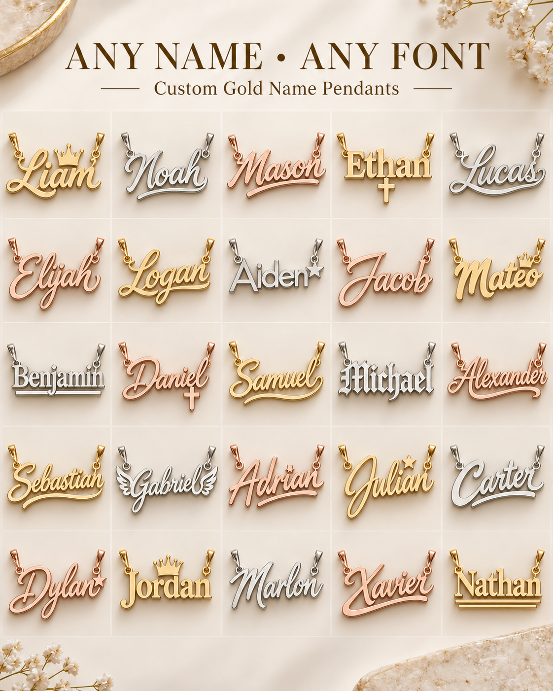 Design examples: 25 name pendants in yellow, white and rose gold with script, serif and gothic lettering by 1Luxury Miami.