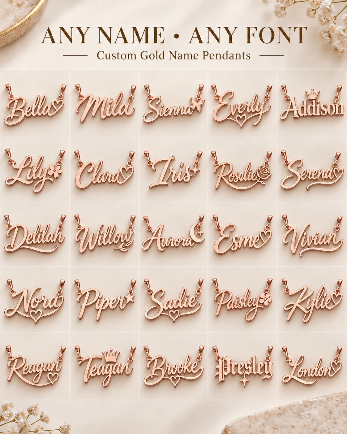 Design examples: 25 rose-gold name pendants in varied fonts with hearts, flowers and other accents by 1Luxury Miami.