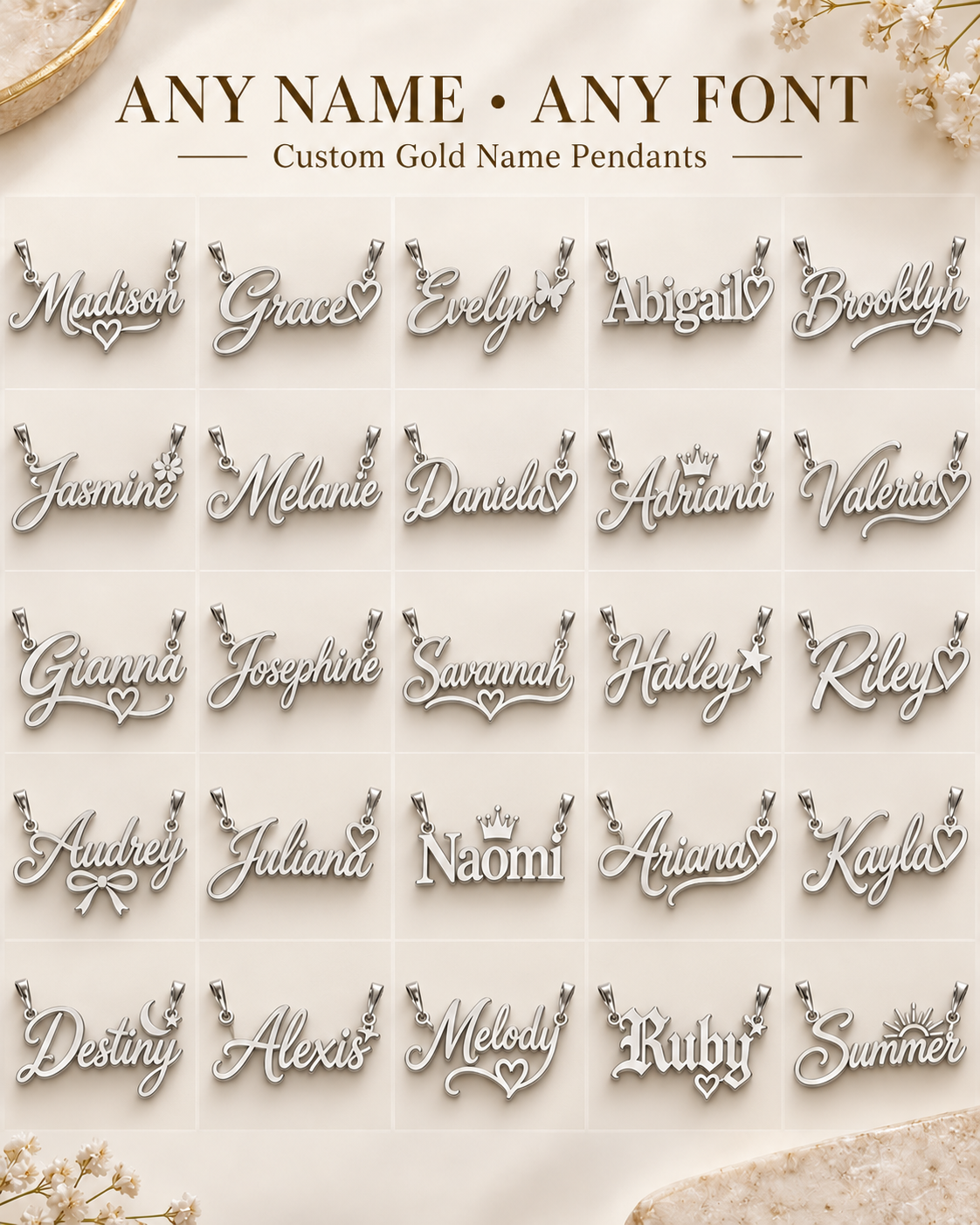 Design examples: 25 white-gold name pendants in varied fonts with hearts, crowns and other accents by 1Luxury Miami.