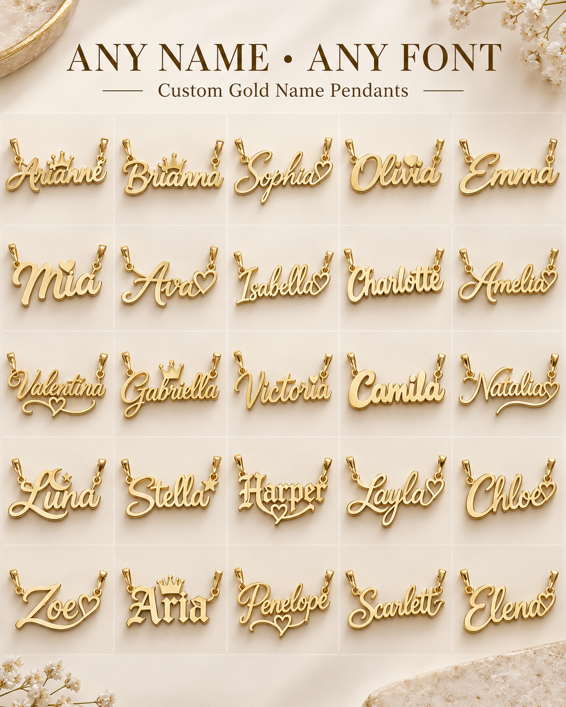 Design examples: 25 yellow-gold name pendants in varied fonts with crowns, hearts and stars by 1Luxury Miami.