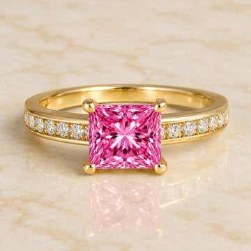 Nova princess-cut pink lab-grown diamond channel-set engagement ring in yellow gold