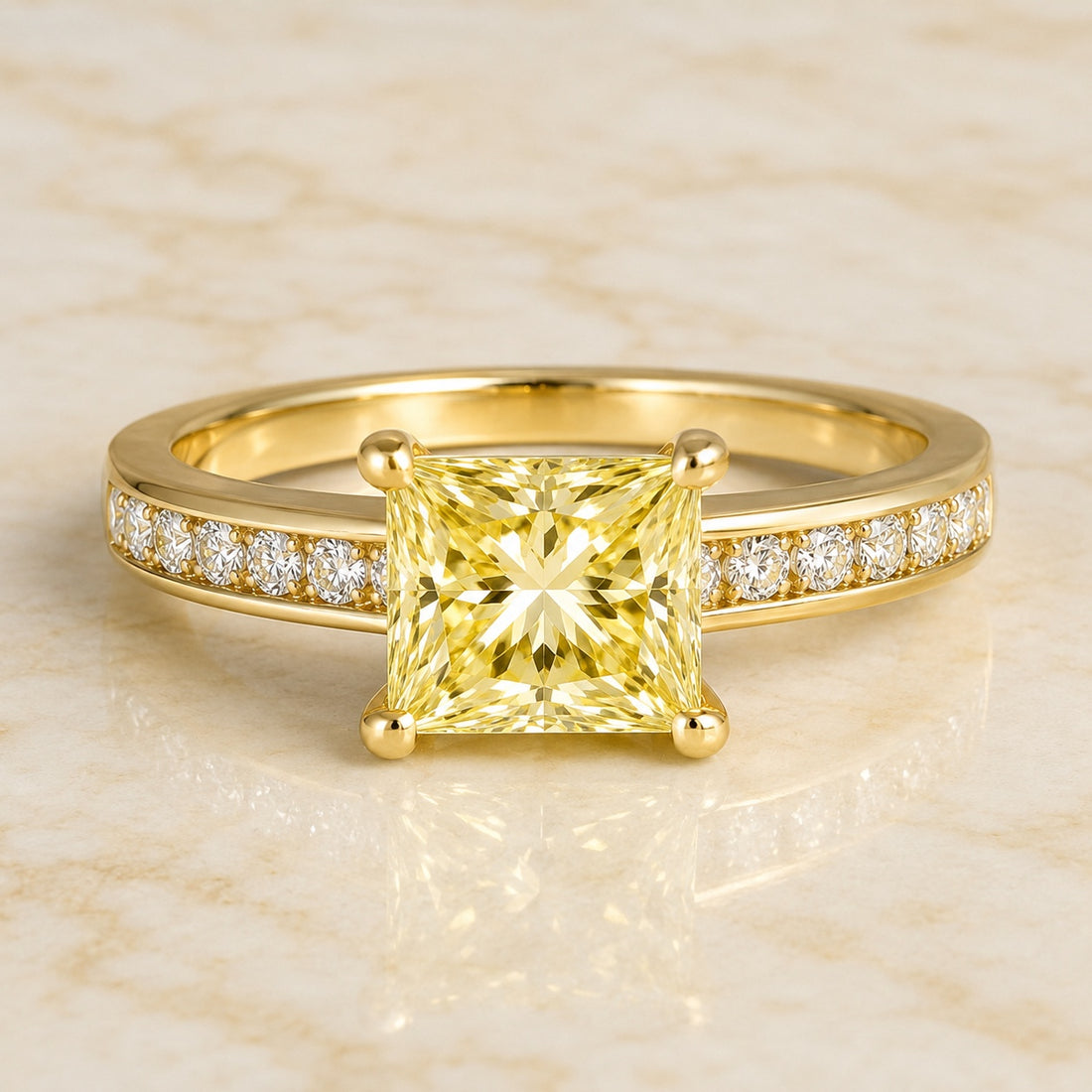Nova princess-cut yellow lab-grown diamond channel-set engagement ring in yellow gold