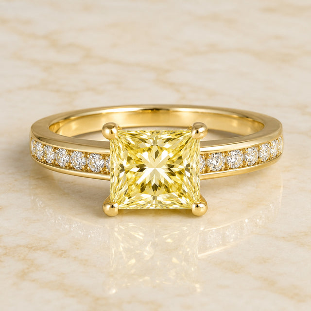 Nova princess-cut yellow lab-grown diamond channel-set engagement ring in yellow gold