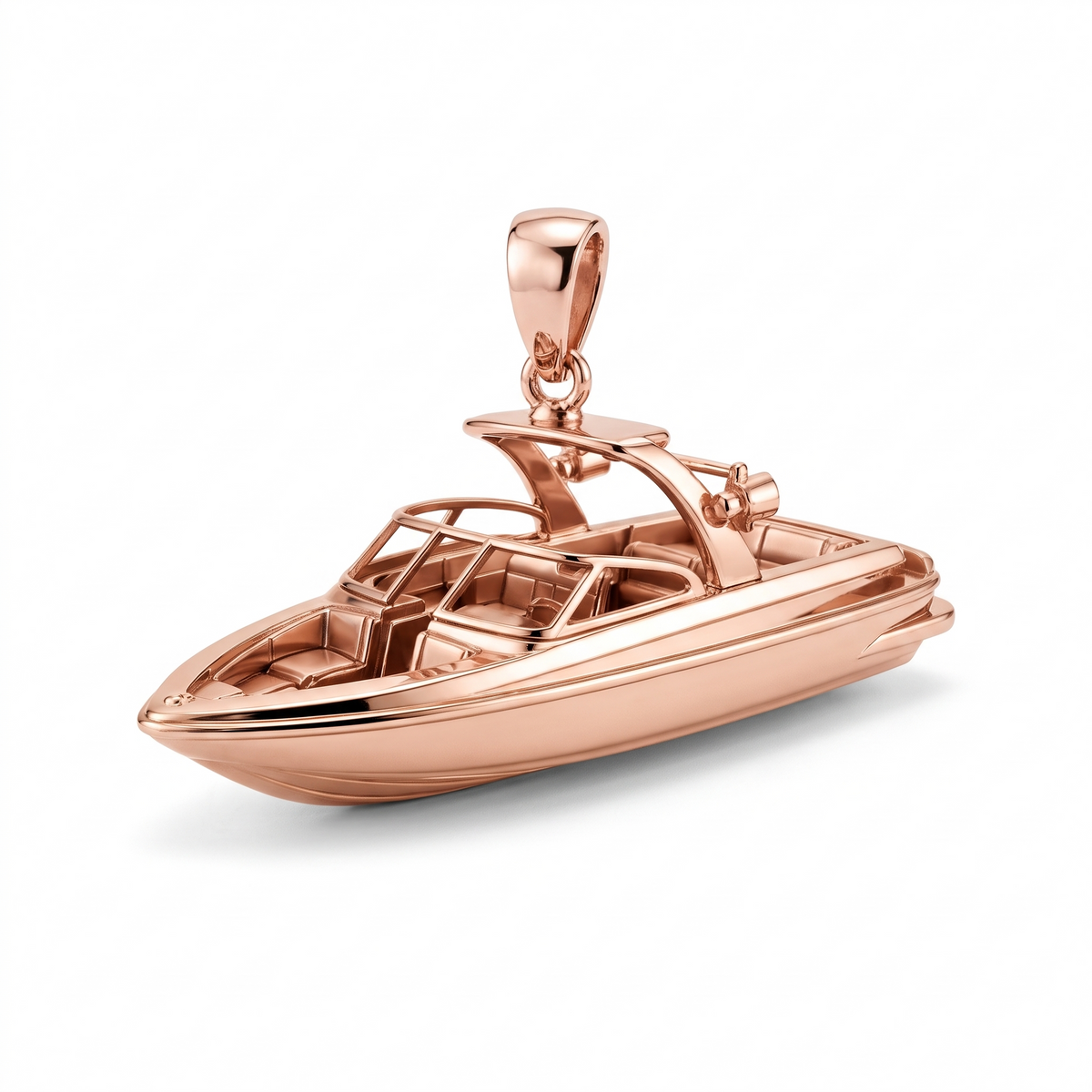 Solid Gold Open-Bow Sport Boat Pendant shown in rose-gold color variation on white background