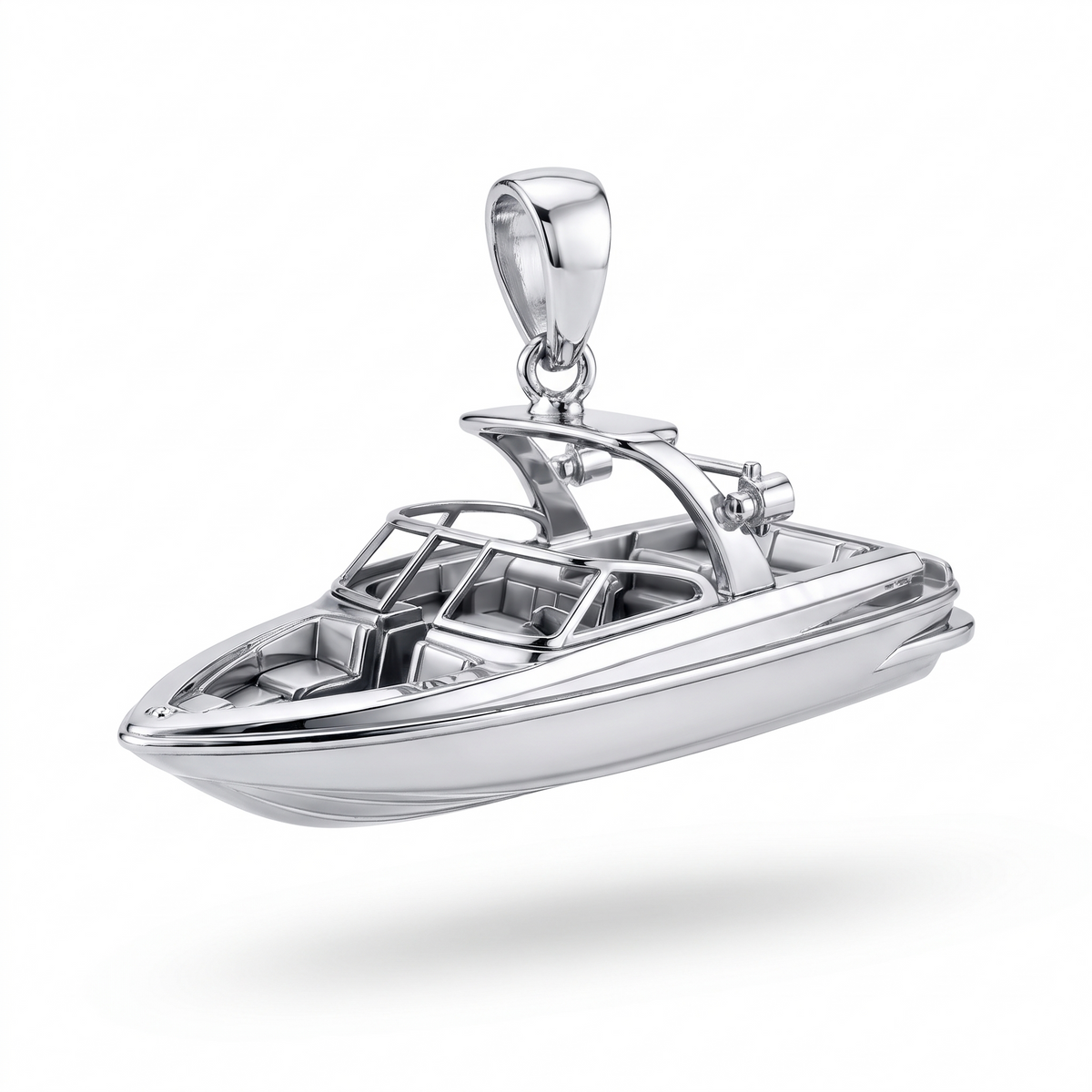 Solid Gold Open-Bow Sport Boat Pendant shown in white-gold color variation on white background