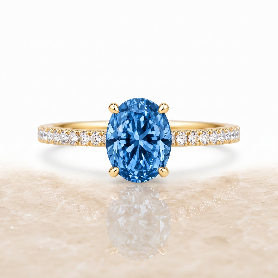 Oval Blue Lab-Grown Diamond Pavé Engagement Ring front catalog view on white background