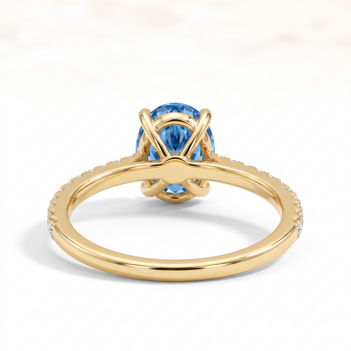 Oval Blue Lab-Grown Diamond Pavé Engagement Ring side and rear construction view on white background