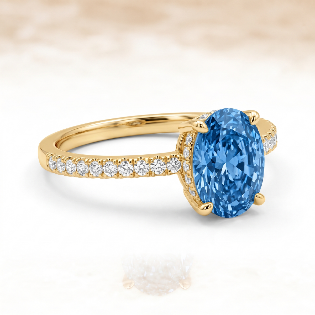Oval Blue Lab-Grown Diamond Pavé Engagement Ring three-quarter catalog view on white background