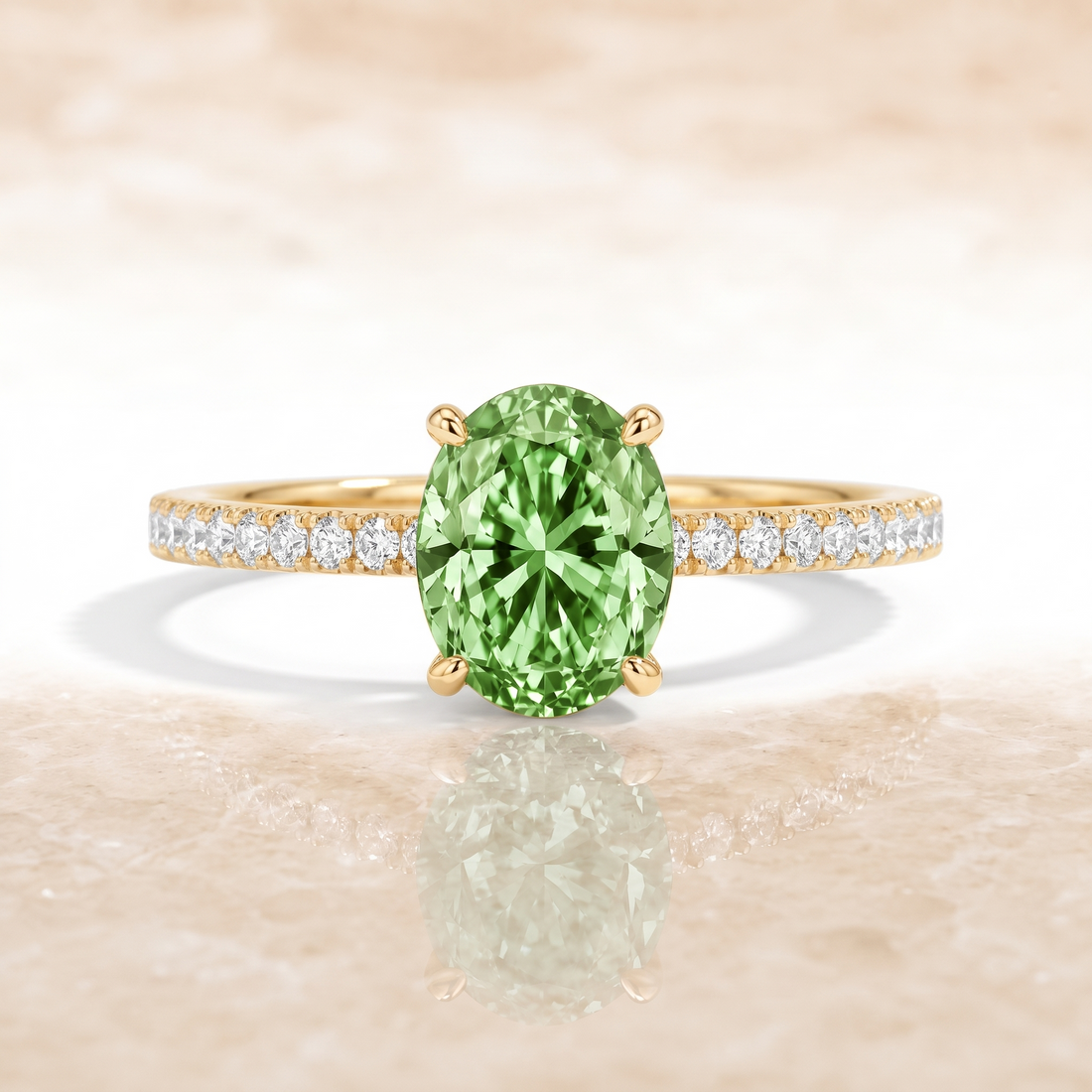 Oval Green Lab-Grown Diamond Pavé Engagement Ring front catalog view on white background