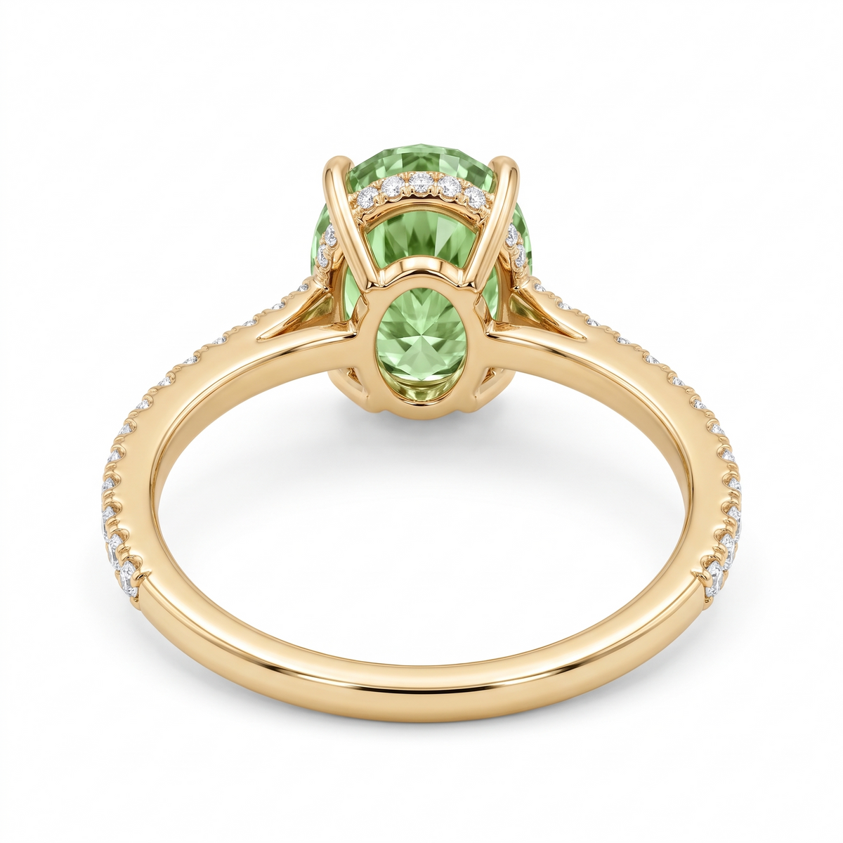 Oval Green Lab-Grown Diamond Pavé Engagement Ring side and rear construction view on white background