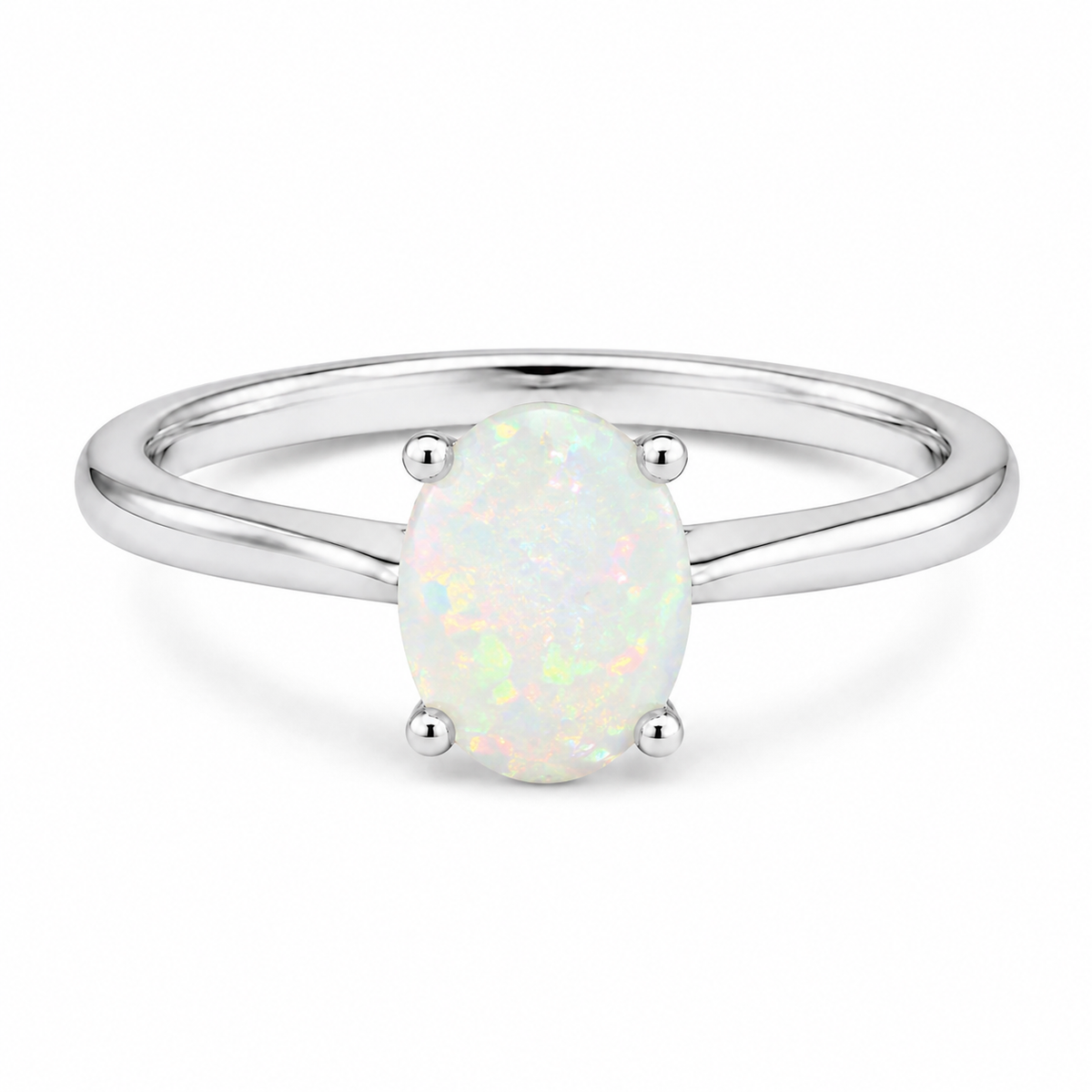 Oval simulated white opal solitaire ring in polished 925 sterling silver