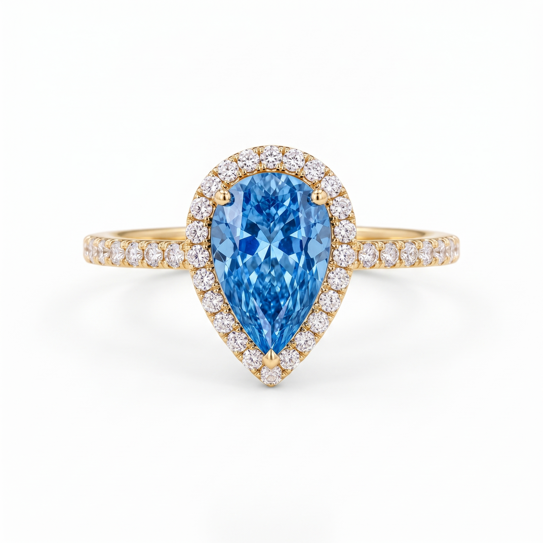 Blue Pear-Shaped Lab-Grown Diamond Halo Engagement Ring front catalog view on white background