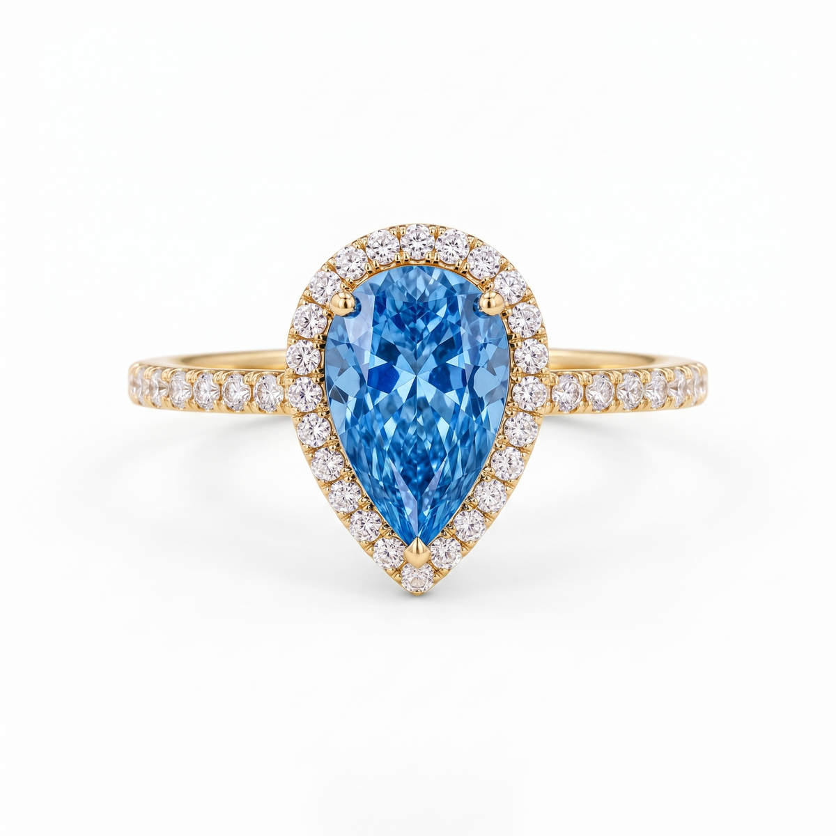 Blue Pear-Shaped Lab-Grown Diamond Halo Engagement Ring front catalog view on white background