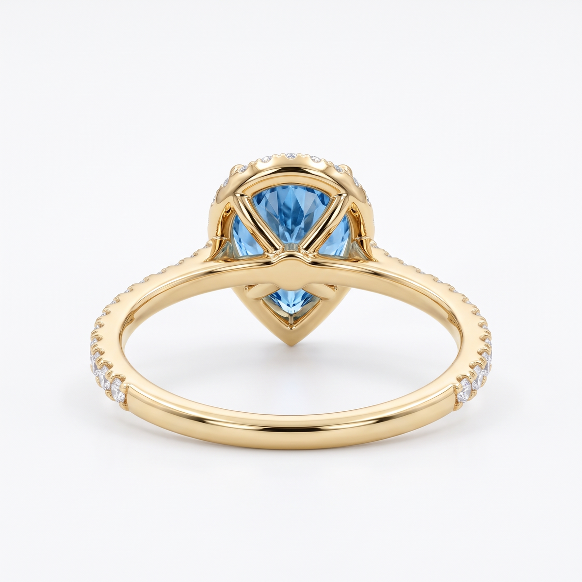 Blue Pear-Shaped Lab-Grown Diamond Halo Engagement Ring side and rear construction view on white background