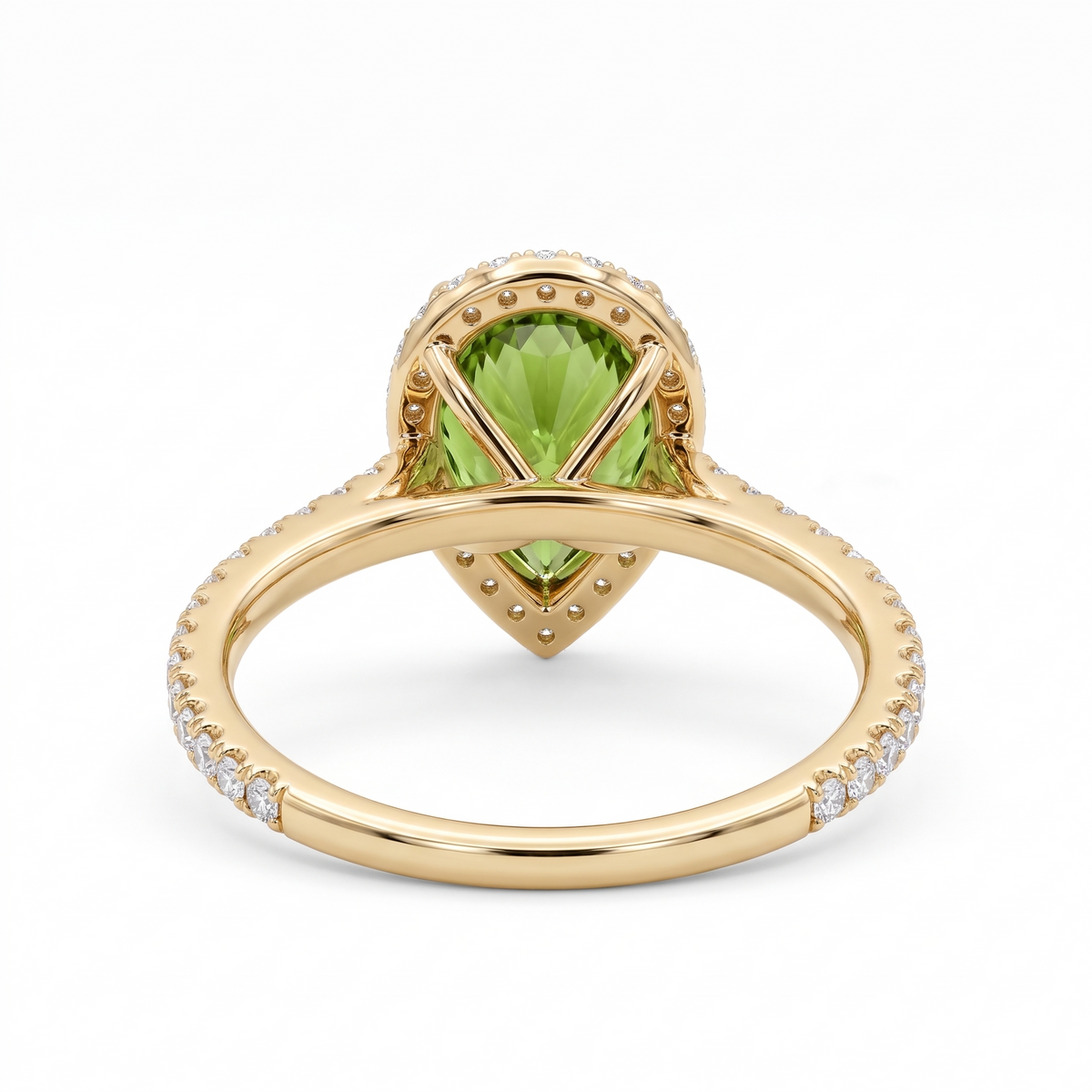 Green Pear-Shaped Lab-Grown Diamond Halo Engagement Ring side and rear construction view on white background
