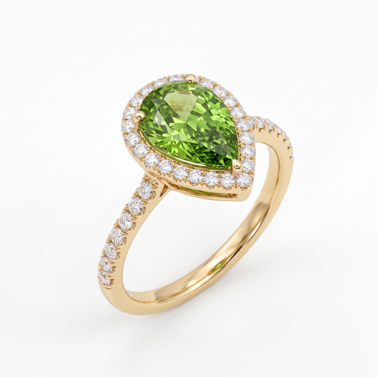 Green Pear-Shaped Lab-Grown Diamond Halo Engagement Ring three-quarter catalog view on white background