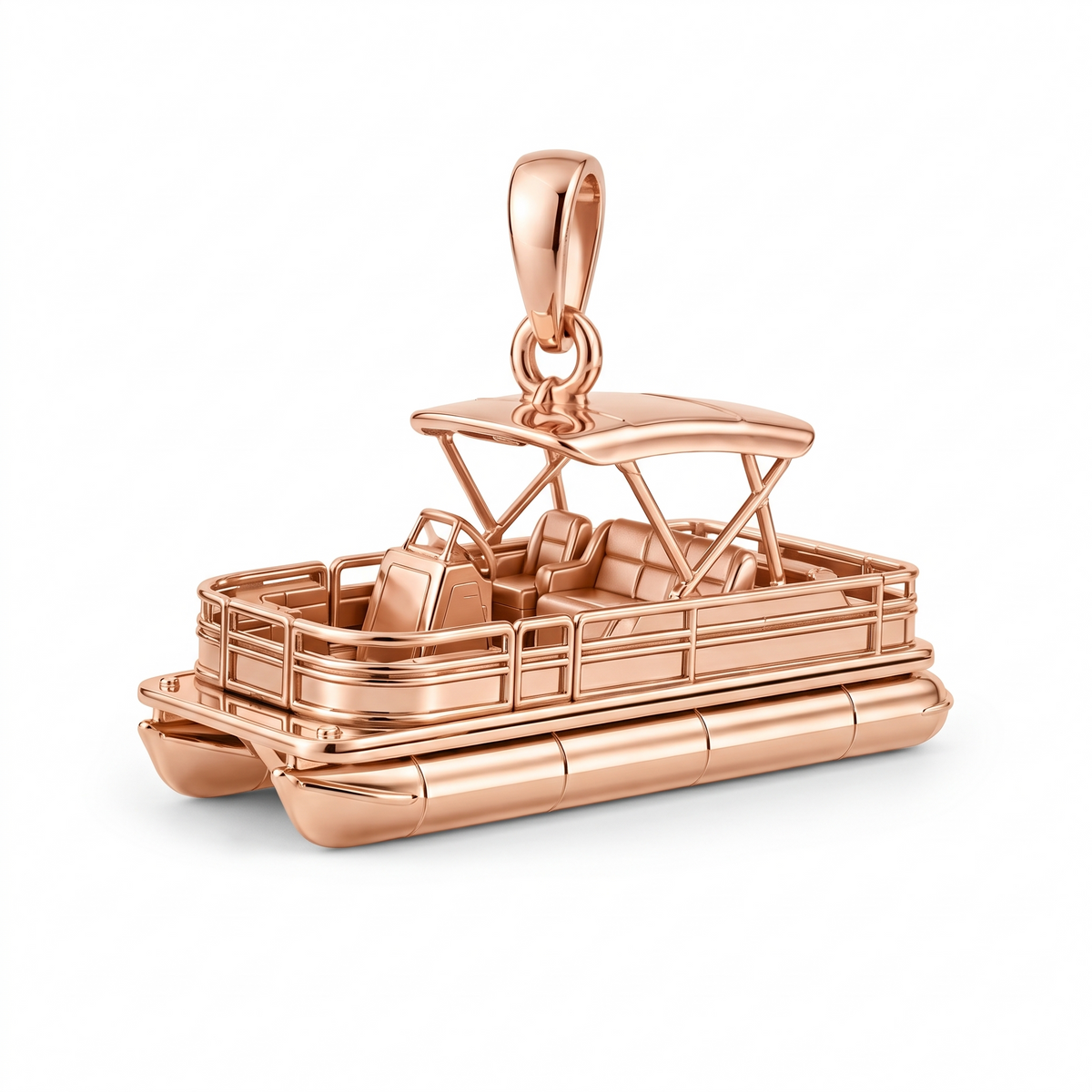 Solid Gold Pontoon Boat Pendant shown in rose-gold color variation on white background