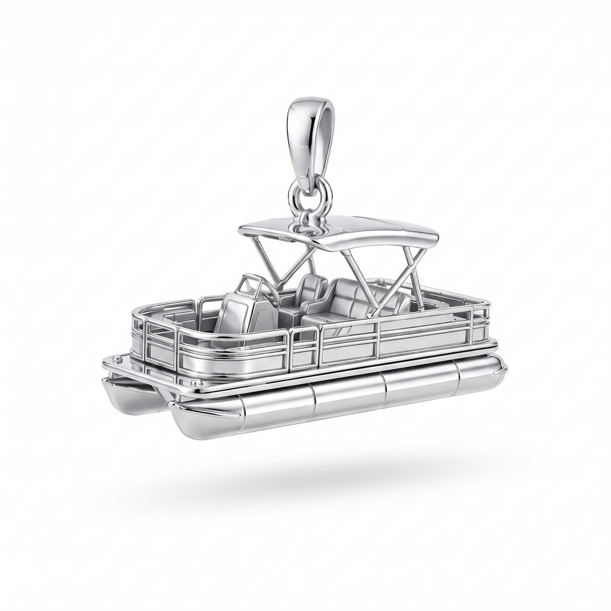 Solid Gold Pontoon Boat Pendant shown in white-gold color variation on white background