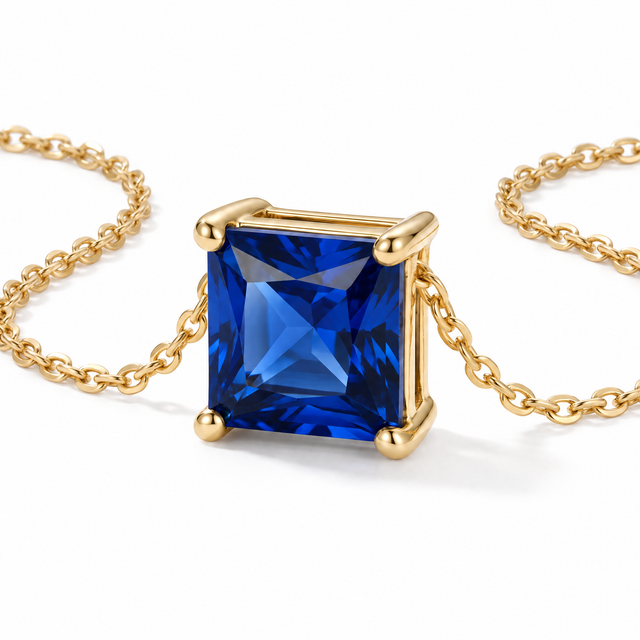 Princess-Cut Blue Sapphire Solitaire Necklace in Solid Gold, main image — AI-generated design representation