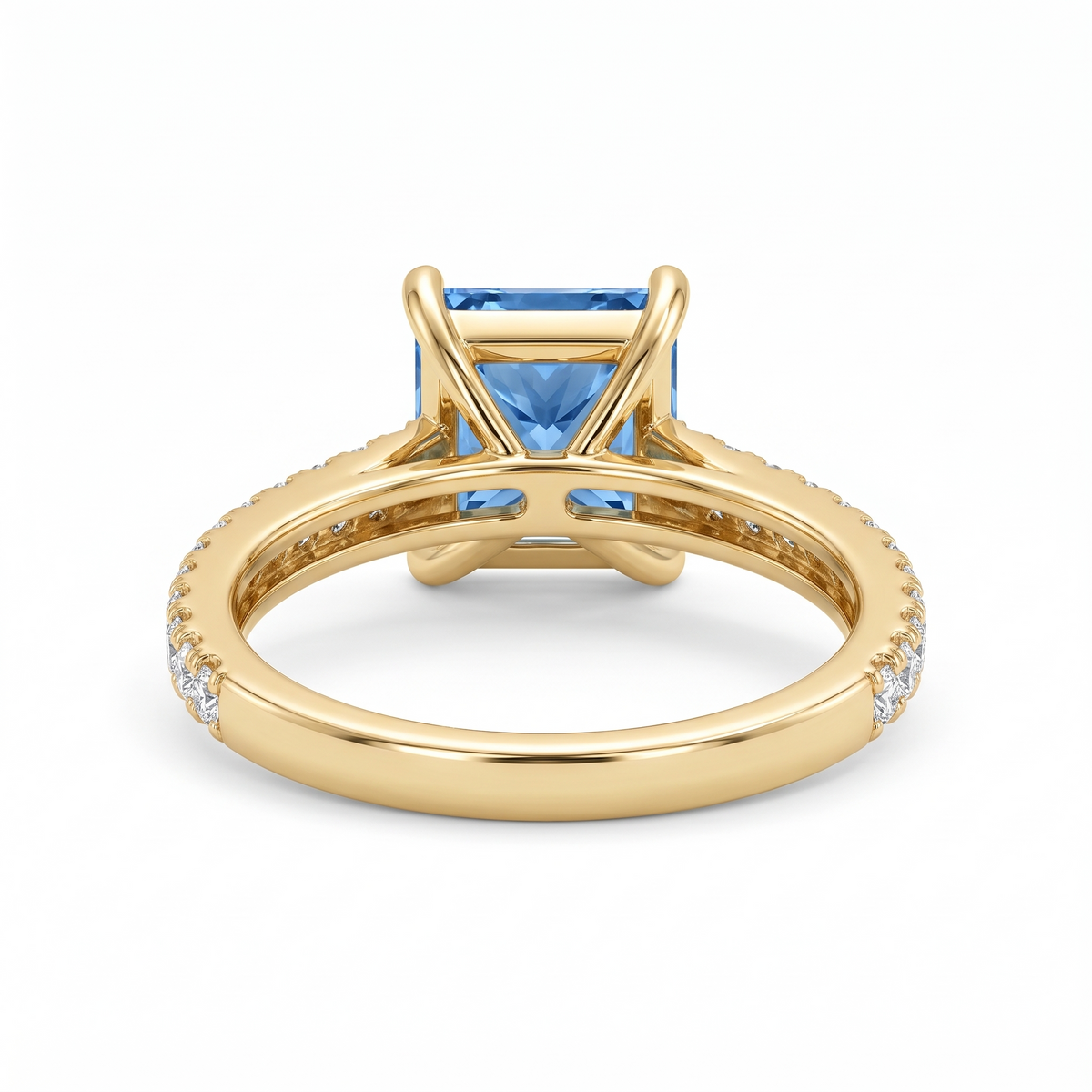 Blue Princess-Cut Lab-Grown Diamond Channel-Set Engagement Ring side and rear construction view on white background