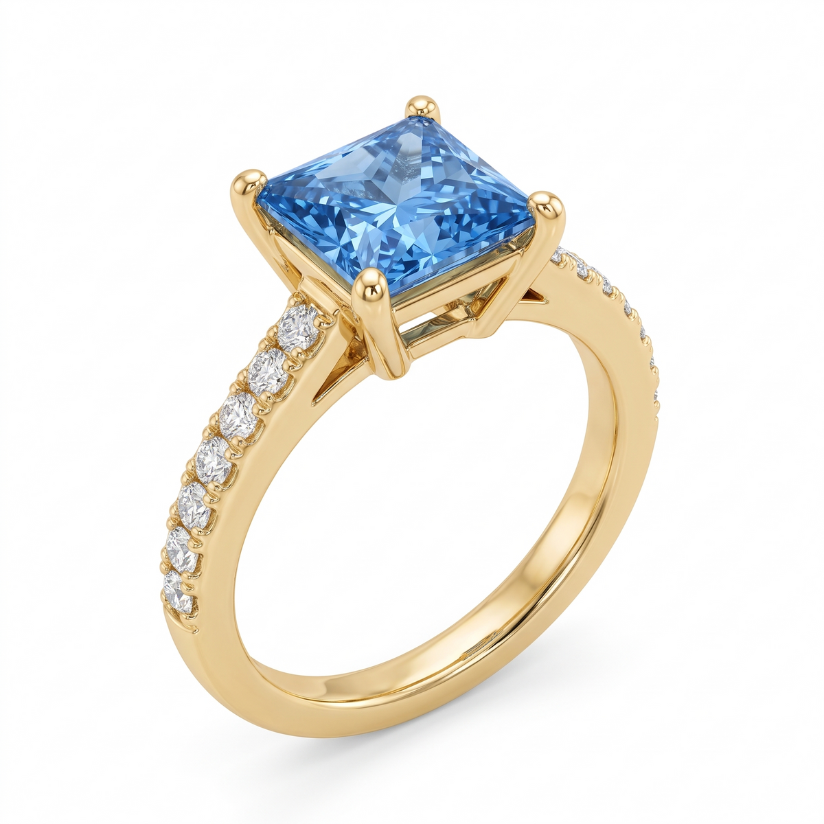 Blue Princess-Cut Lab-Grown Diamond Channel-Set Engagement Ring three-quarter catalog view on white background