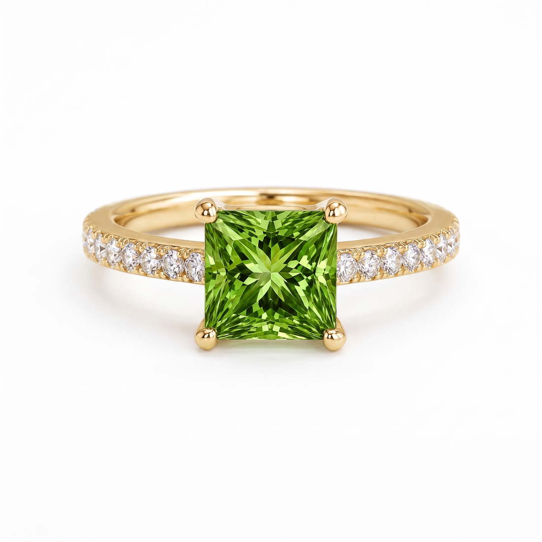 Green Princess-Cut Lab-Grown Diamond Pavé Engagement Ring front catalog view on white background