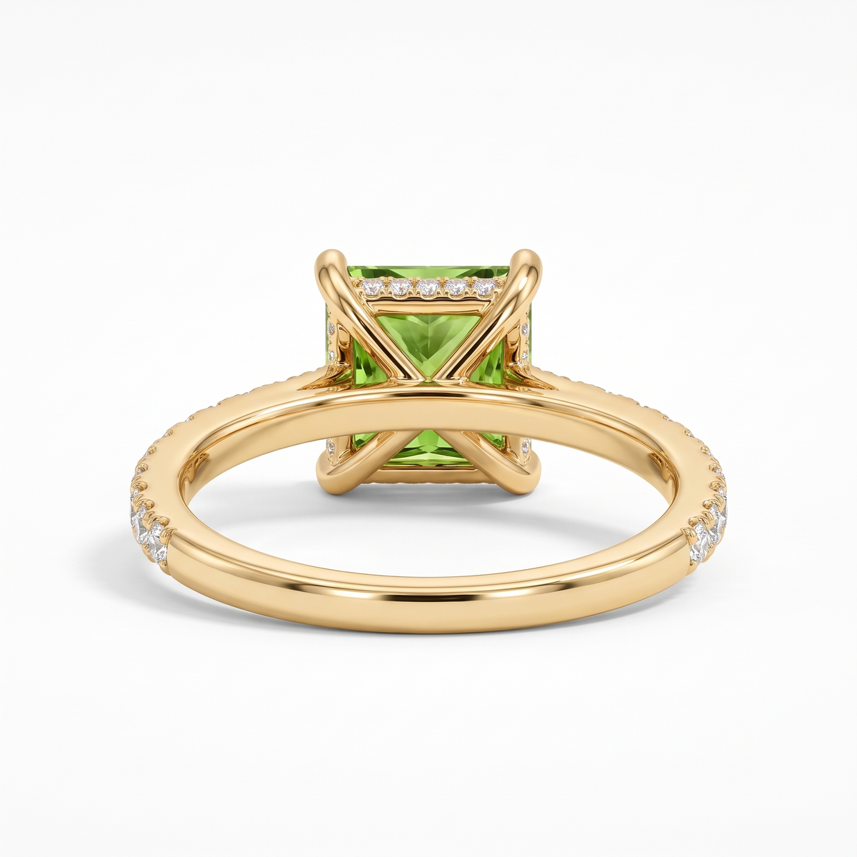Green Princess-Cut Lab-Grown Diamond Pavé Engagement Ring side and rear construction view on white background