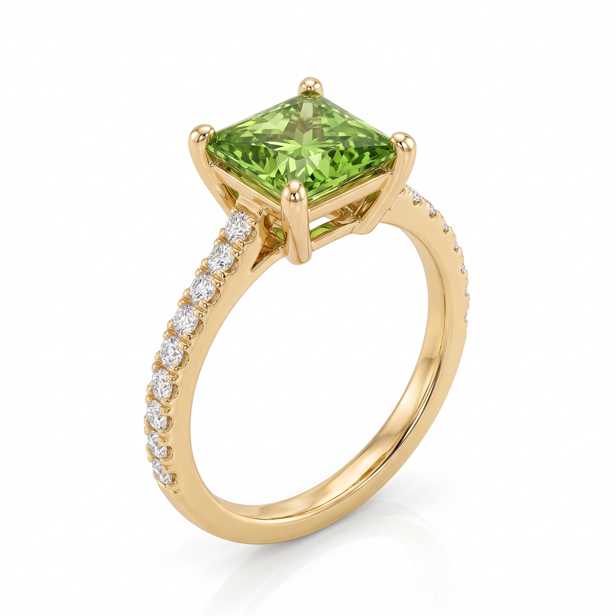 Green Princess-Cut Lab-Grown Diamond Pavé Engagement Ring three-quarter catalog view on white background