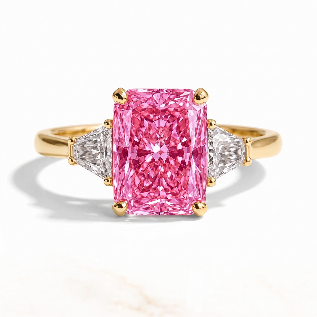 Radiance Radiant-Cut Pink Lab-Grown Diamond Three-Stone Engagement Ring front catalog view on white background