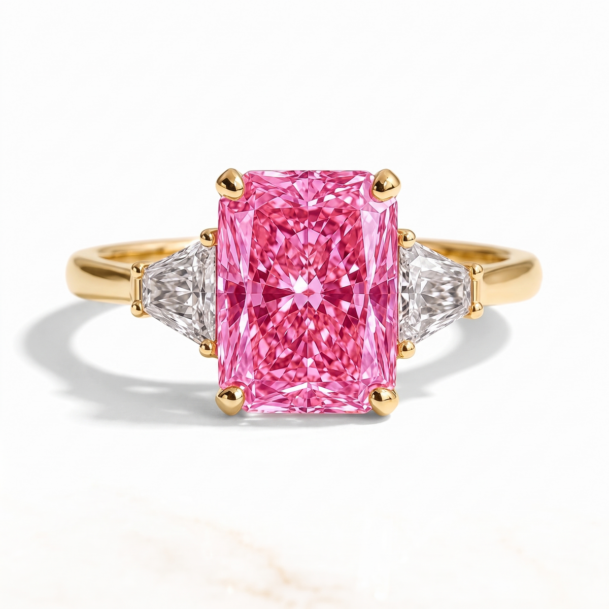 Radiance Radiant-Cut Pink Lab-Grown Diamond Three-Stone Engagement Ring front catalog view on white background