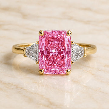 Radiance radiant-cut pink lab-grown diamond three-stone engagement ring in yellow gold