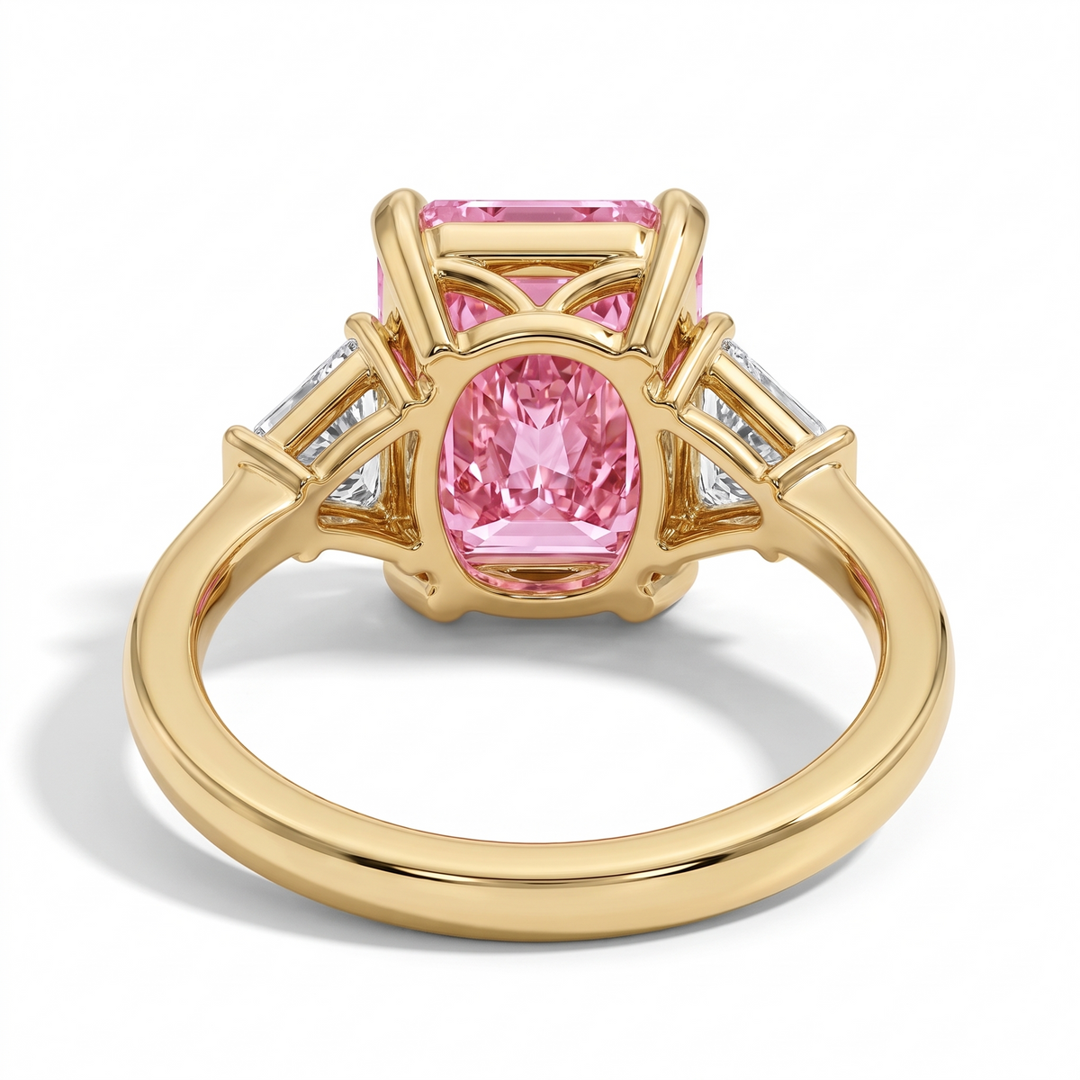 Radiance Radiant-Cut Pink Lab-Grown Diamond Three-Stone Engagement Ring side and rear construction view on white background