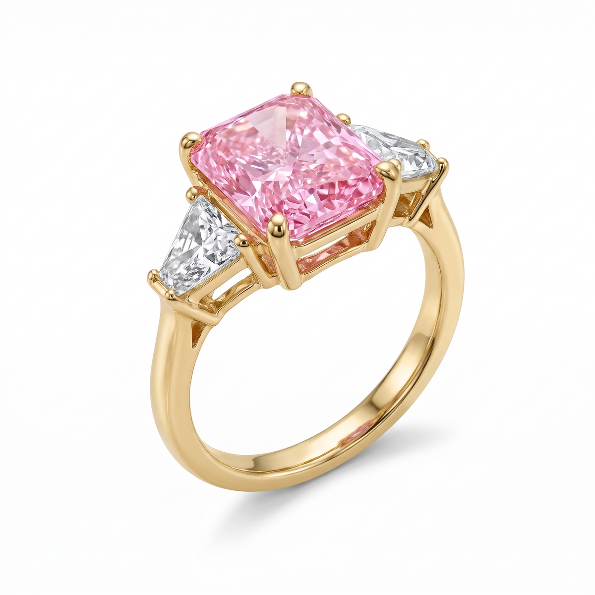 Radiance Radiant-Cut Pink Lab-Grown Diamond Three-Stone Engagement Ring three-quarter catalog view on white background