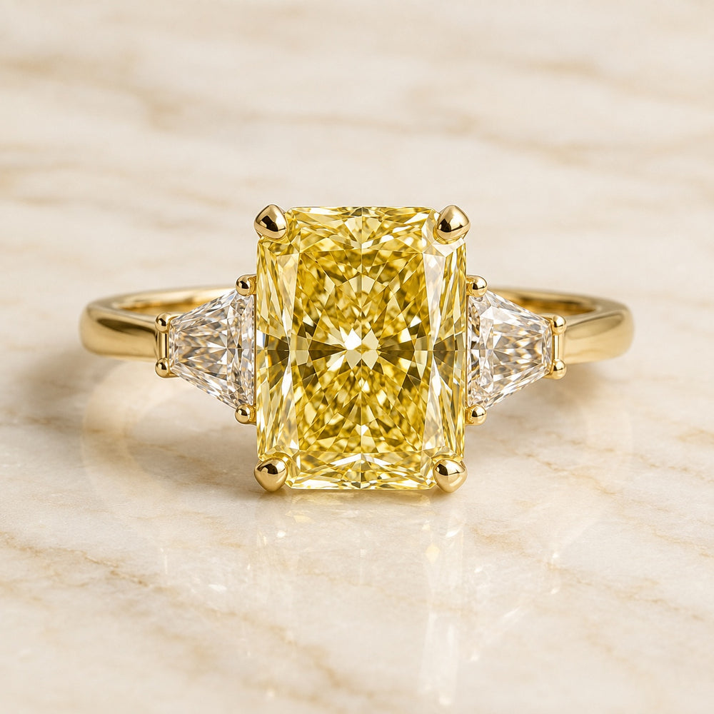 Radiance radiant-cut yellow lab-grown diamond three-stone engagement ring with clear side stones