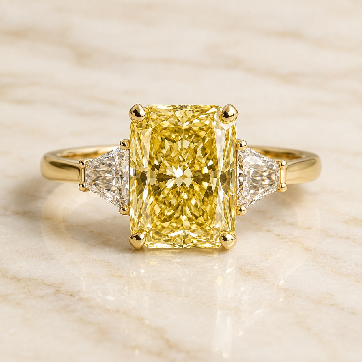 Radiance radiant-cut yellow lab-grown diamond three-stone engagement ring with clear side stones