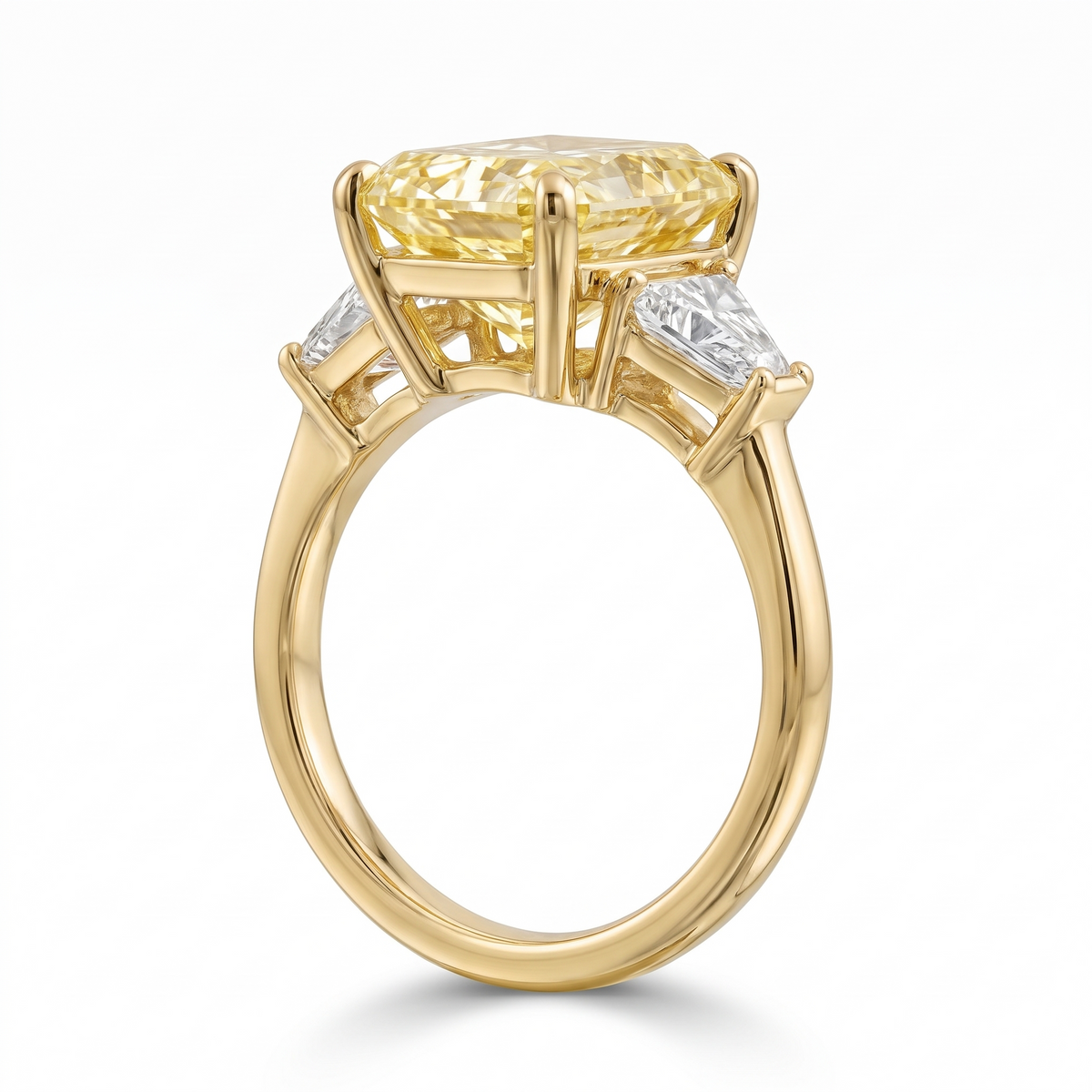Radiance yellow radiant-cut lab-grown diamond three-stone engagement ring side catalog view on white background