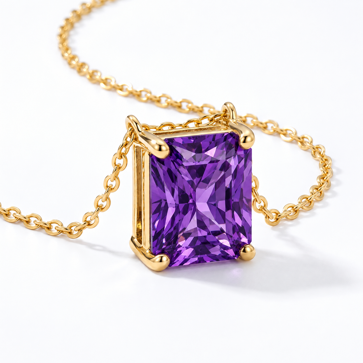 Radiant-Cut Amethyst Solitaire Necklace in Solid Gold, main image — AI-generated design representation