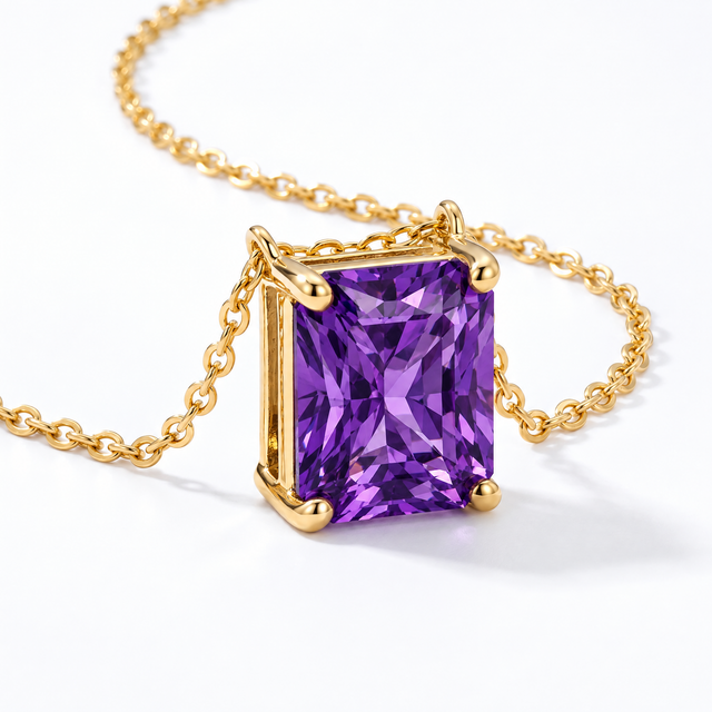 Radiant-Cut Amethyst Solitaire Necklace in Solid Gold, main image — AI-generated design representation