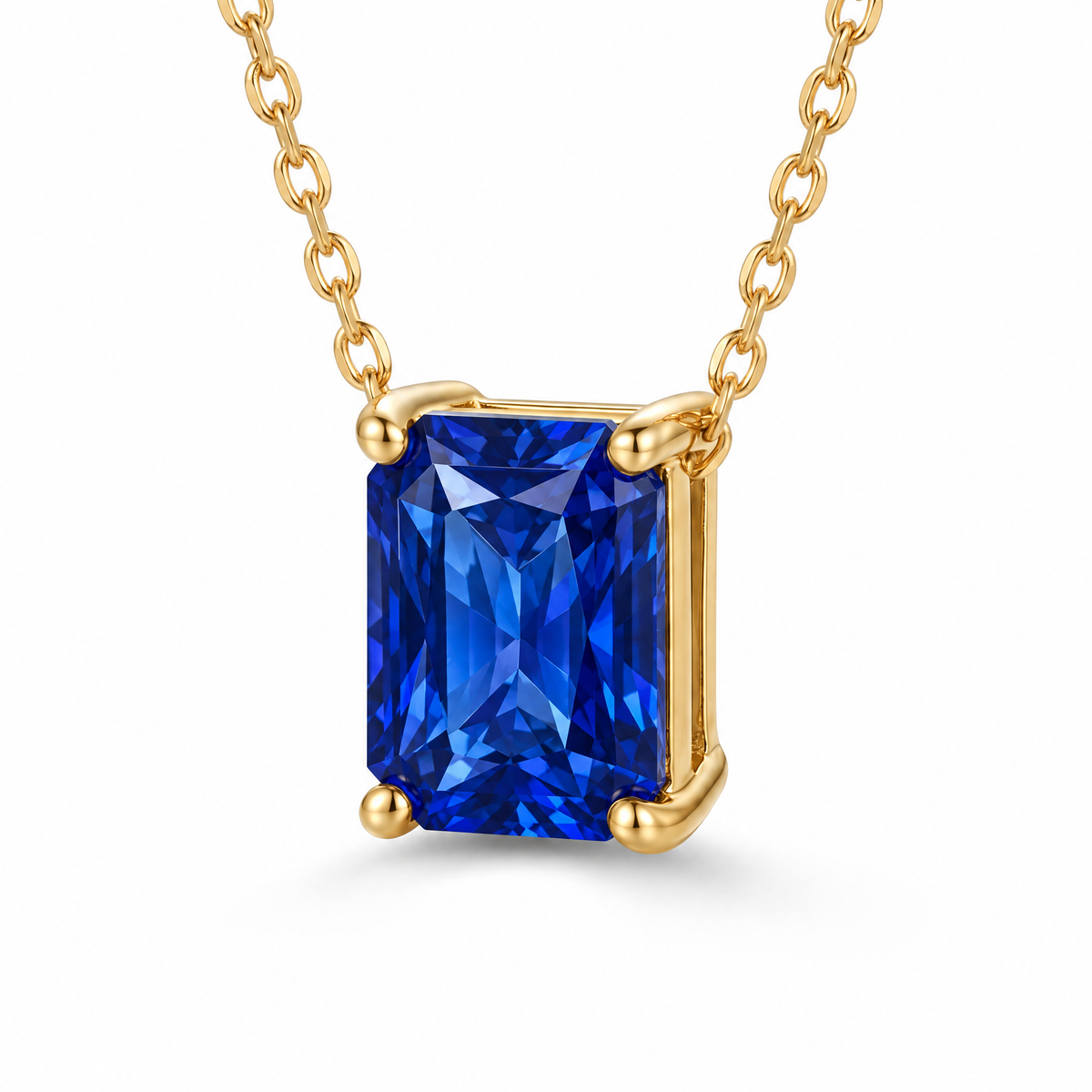 Radiant-Cut Blue Sapphire Solitaire Necklace in Solid Gold, main image — AI-generated design representation