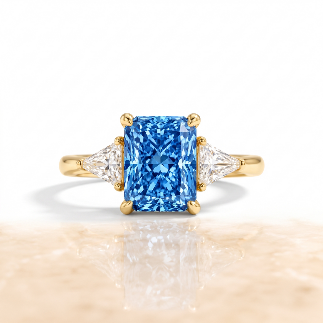 Radiant-Cut Blue Lab-Grown Diamond Three-Stone Engagement Ring front catalog view on white background