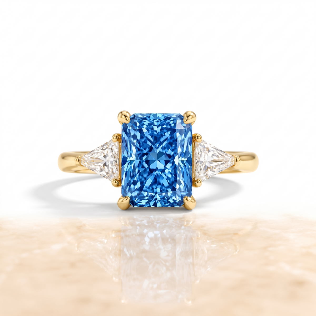 Radiant-Cut Blue Lab-Grown Diamond Three-Stone Engagement Ring front catalog view on white background