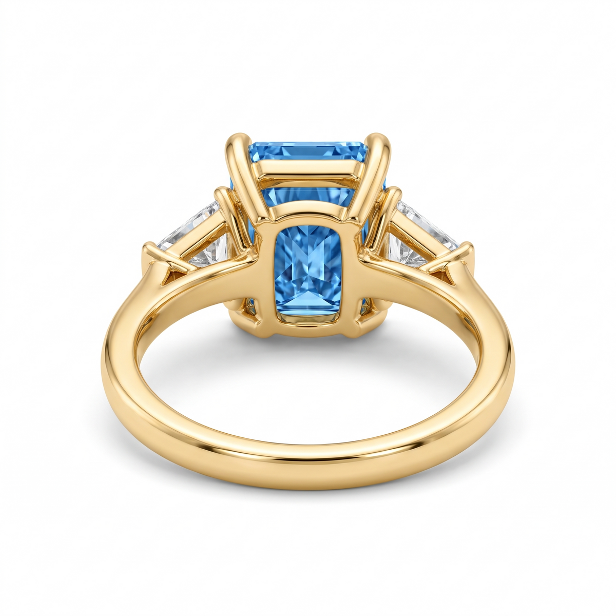 Radiant-Cut Blue Lab-Grown Diamond Three-Stone Engagement Ring side and rear construction view on white background