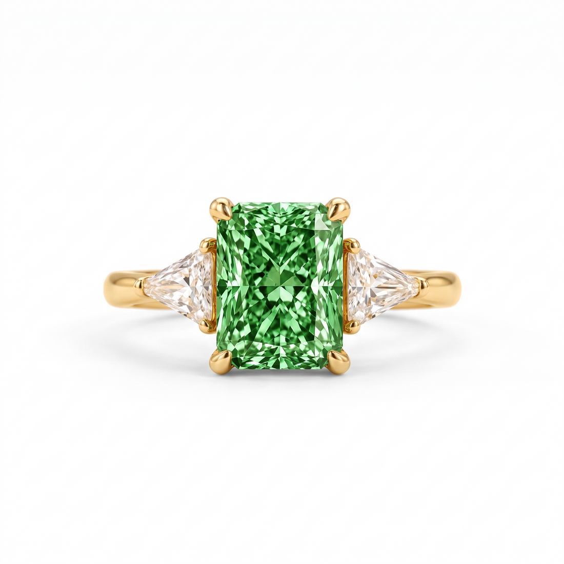 Green Radiant-Cut Lab-Grown Diamond Three-Stone Engagement Ring front catalog view on white background