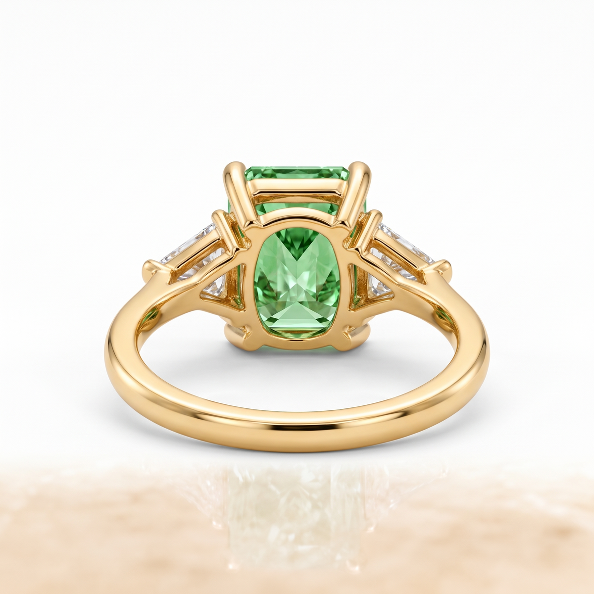 Green Radiant-Cut Lab-Grown Diamond Three-Stone Engagement Ring side and rear construction view on white background