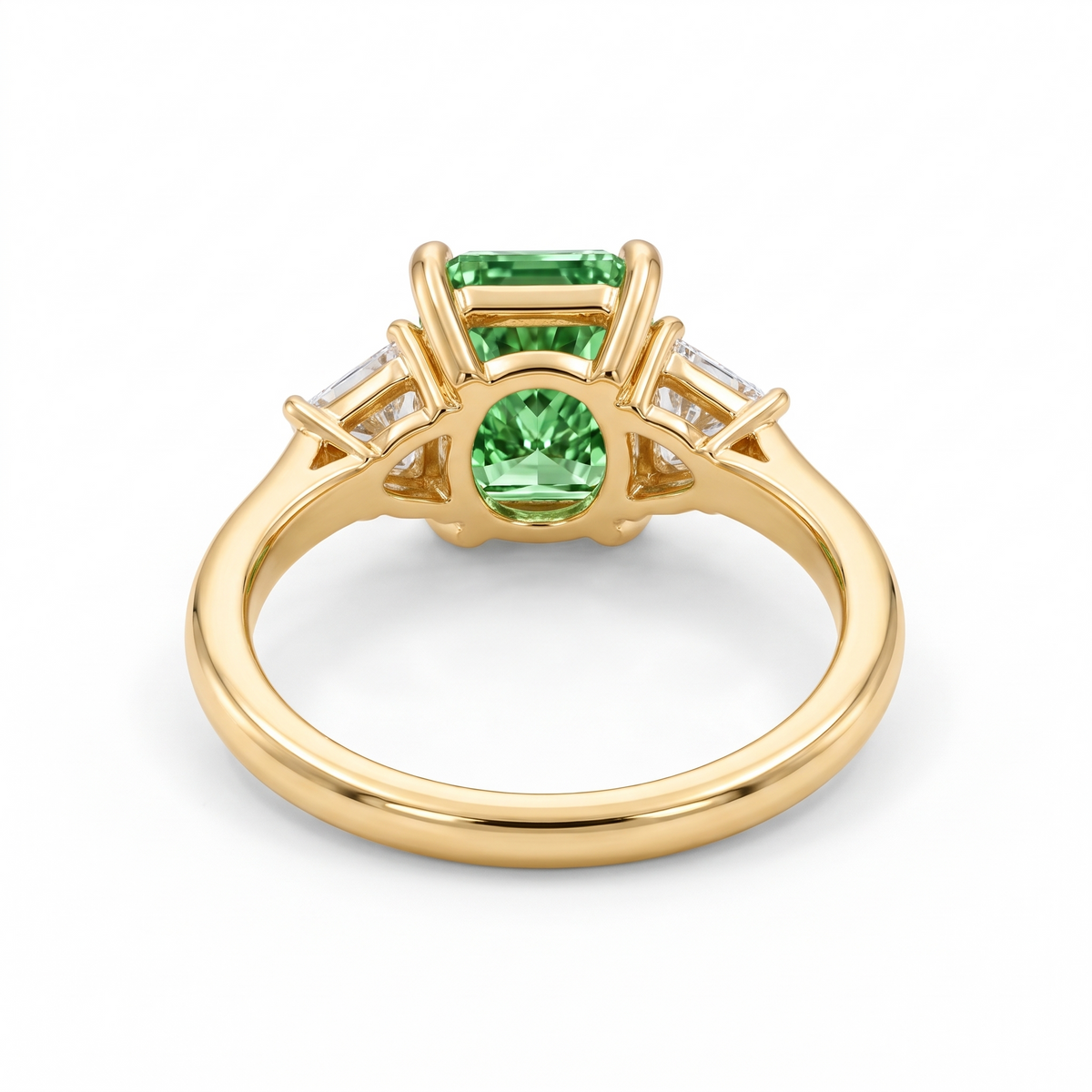 Green Radiant-Cut Lab-Grown Diamond Three-Stone Engagement Ring three-quarter catalog view on white background