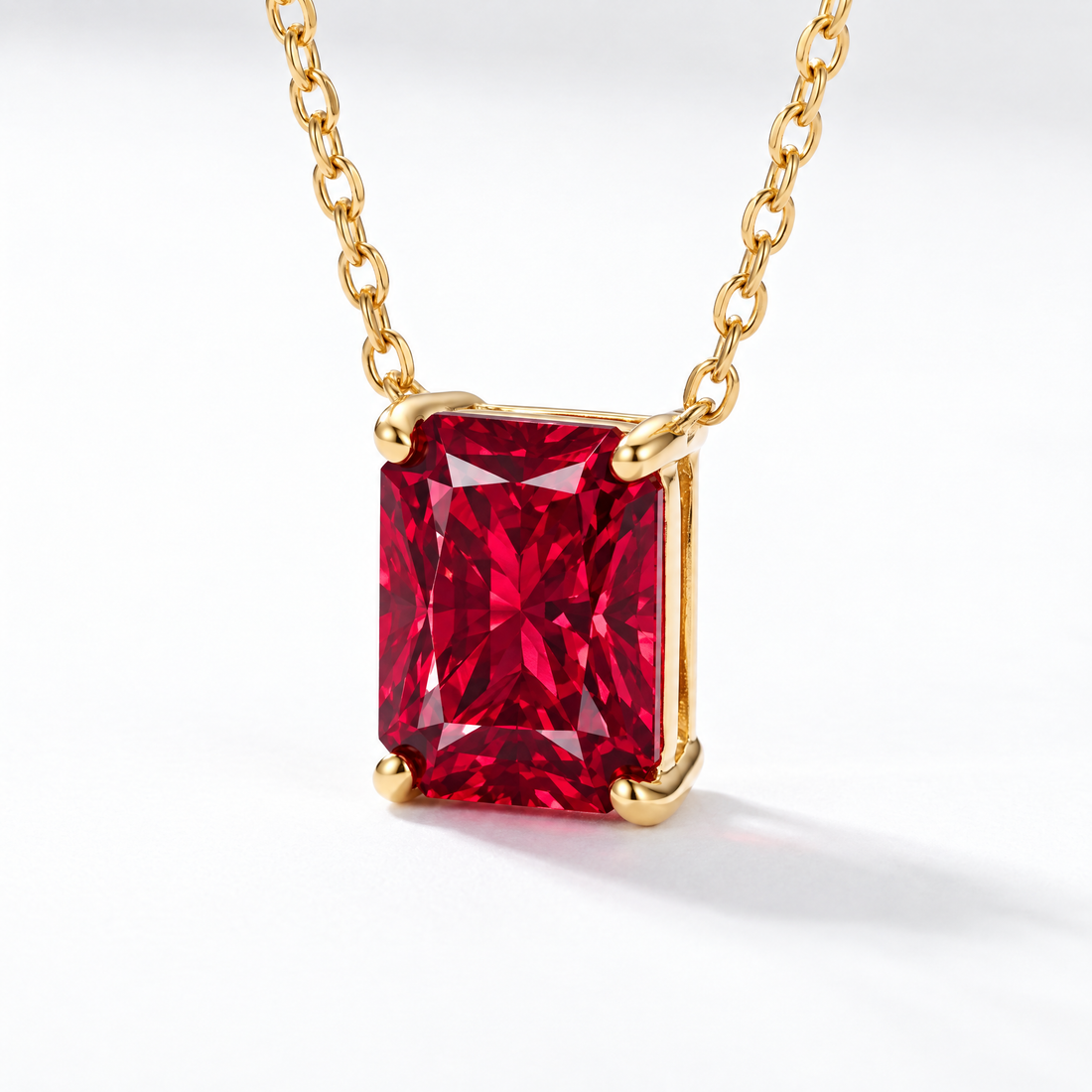 Radiant-Cut Ruby Solitaire Necklace in Solid Gold, main image — AI-generated design representation