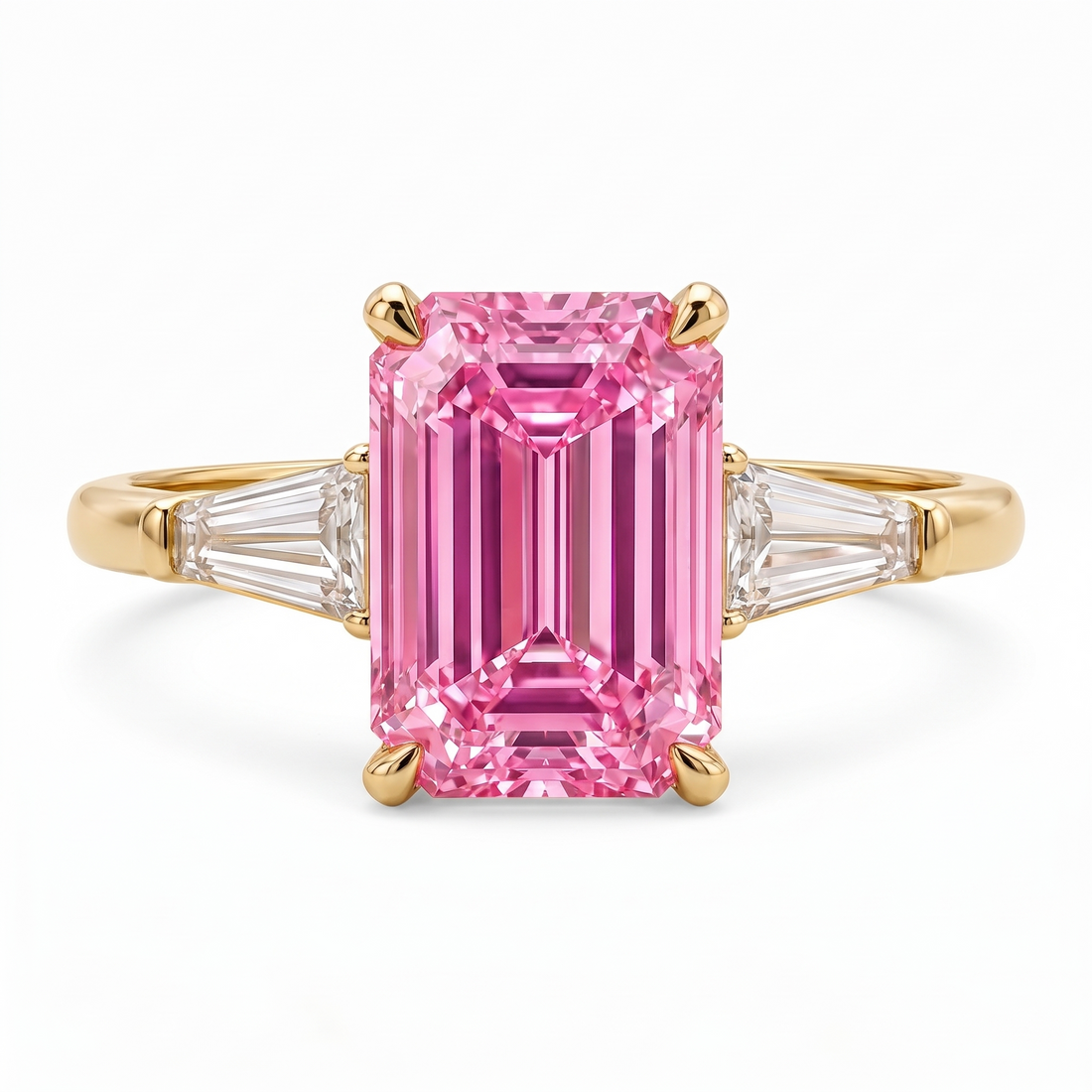 Regent Emerald-Cut Pink Lab-Grown Diamond Three-Stone Engagement Ring front catalog view on white background