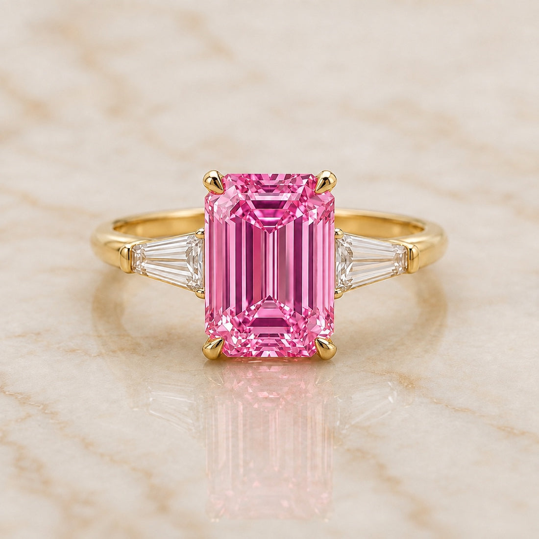 Regent emerald-cut pink lab-grown diamond three-stone engagement ring in yellow gold